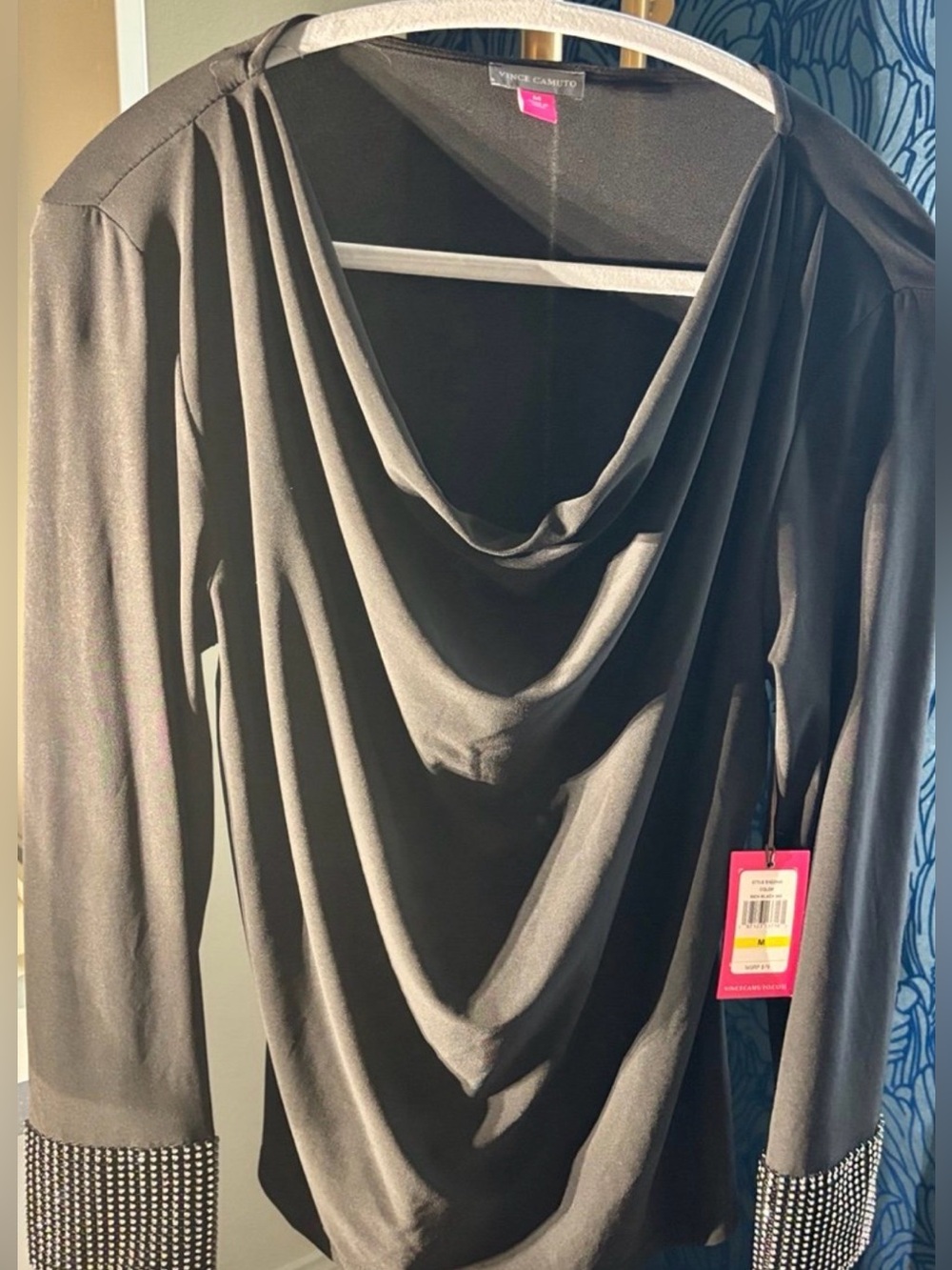 Vince Camuto cowl neck blouse black with embellished sleeves rhinestones